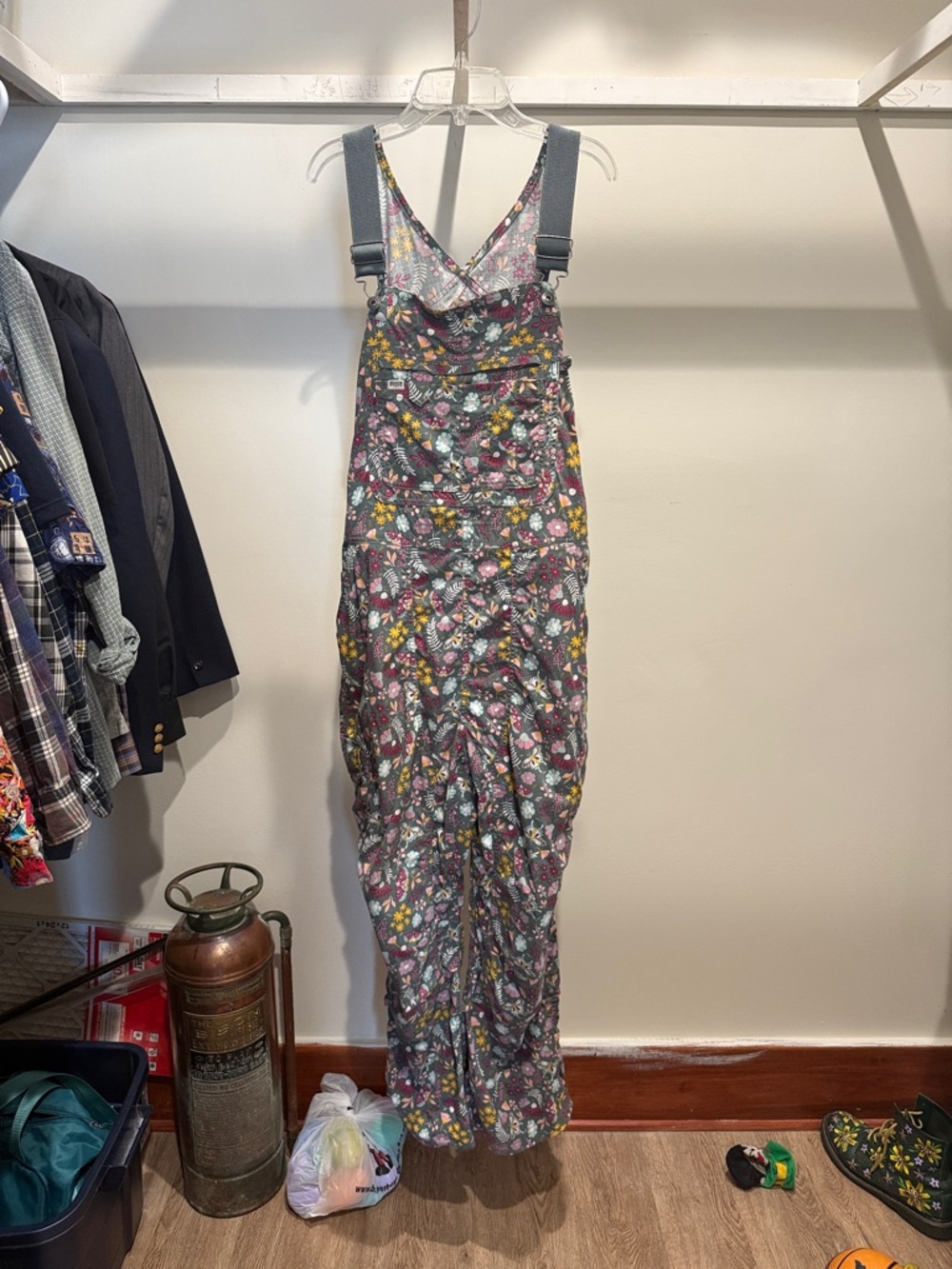 Duluth Trading Co Floral Overalls in Gray with Yellow & Pink Accents